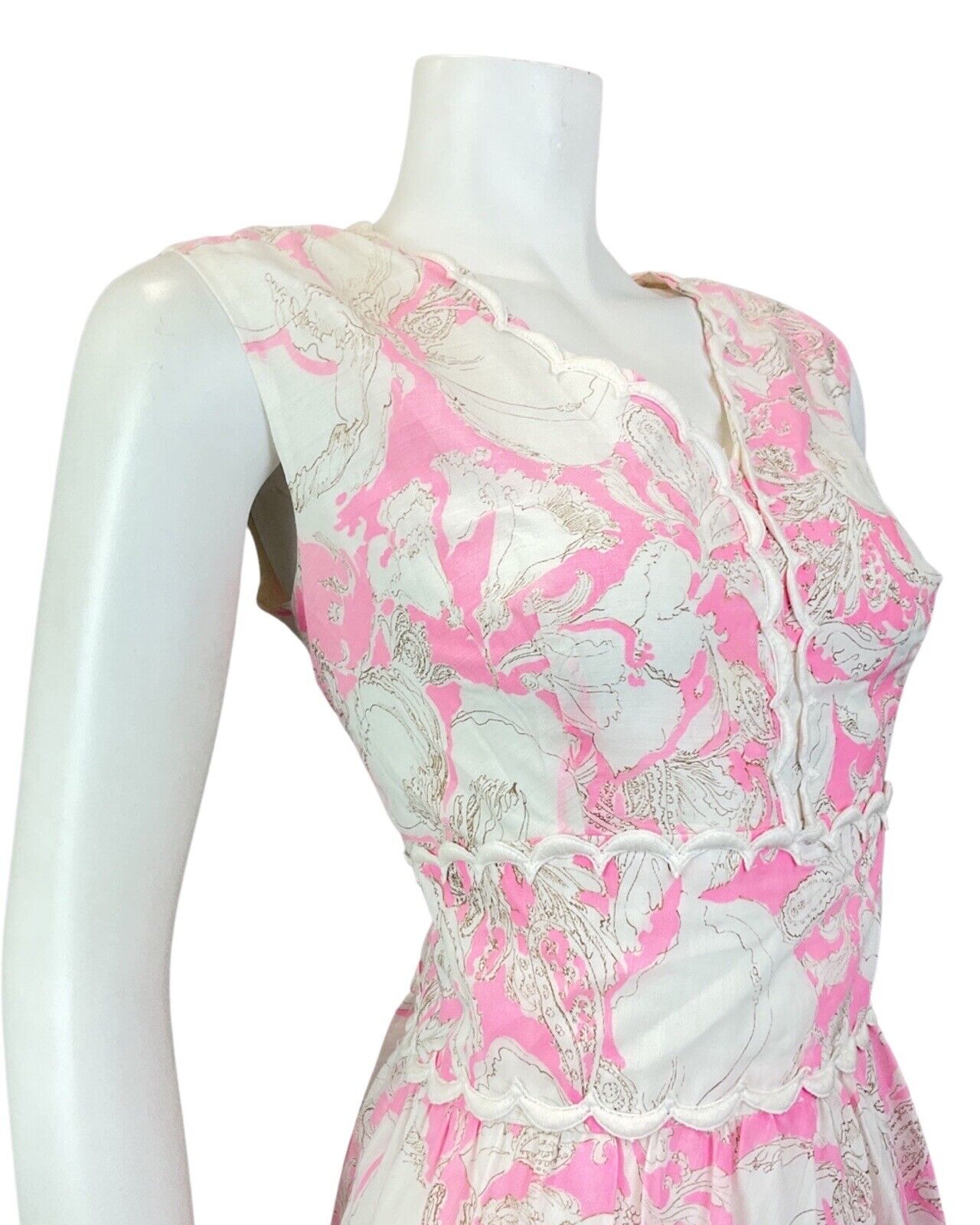 VINTAGE 60s 70s BRIGHT PINK WHITE FLORAL SCALLOPED SLEEVELESS DRESS 12 14