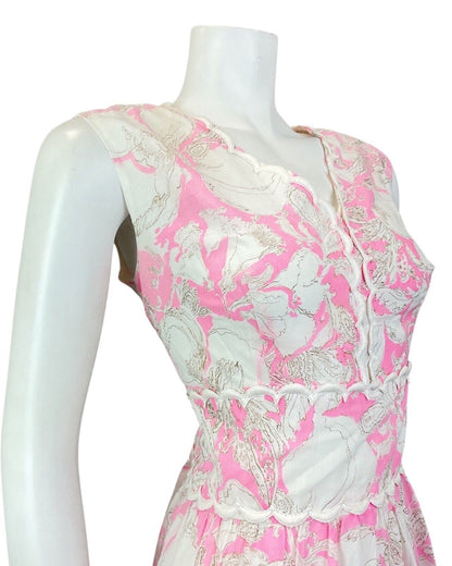 VINTAGE 60s 70s BRIGHT PINK WHITE FLORAL SCALLOPED SLEEVELESS DRESS 12 14