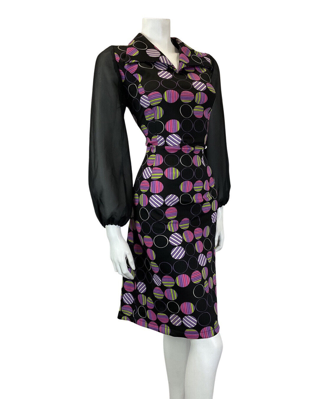VINTAGE 60s 70s BLACK PURPLE GREEN DOTTY STRIPED SHEER MOD SHIRT DRESS 12