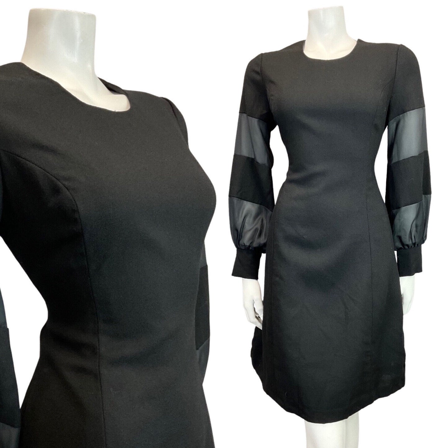 VINTAGE 60s 70s JET BLACK SHEER PUFF SLEEVE MOD DRESS 12