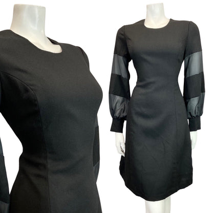 VINTAGE 60s 70s JET BLACK SHEER PUFF SLEEVE MOD DRESS 12