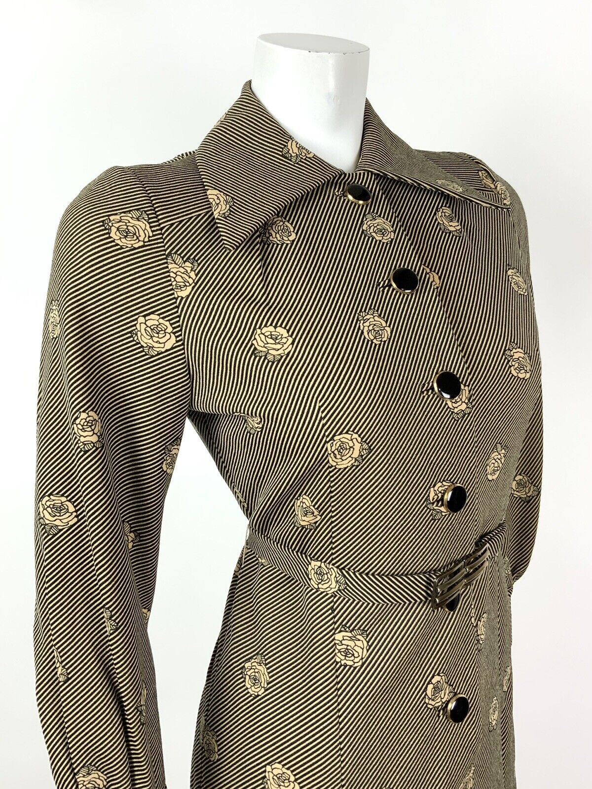 VINTAGE 60s 70s GOLD BLACK STRIPED ROSE FLORAL DAGGER SHIRT DRESS 10 12