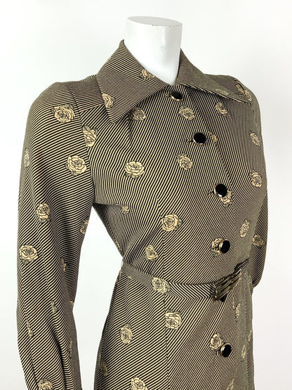 VINTAGE 60s 70s GOLD BLACK STRIPED ROSE FLORAL DAGGER SHIRT DRESS 10 12