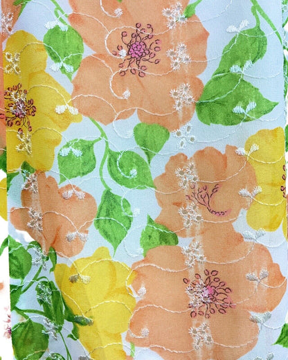 VINTAGE 60s 70s WHITE YELLOW ORANGE GREEN EMBROIDERED FLORAL LEAFY MOD DRESS 8