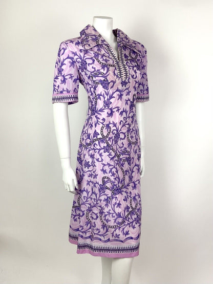 VINTAGE 60s 70s PINK PURPLE BLACK ACANTHUS FLORAL CHAIN WING COLLAR DRESS 14