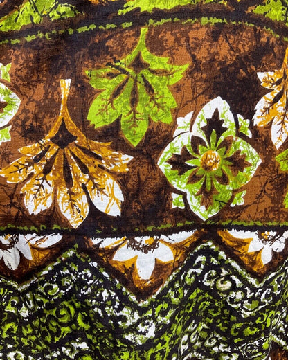 VTG 60s 70s GREEN BROWN WHITE FLORAL GEOMETRIC HAWAIIAN TIKI SHIFT DRESS 8 10