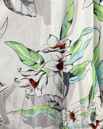 VINTAGE 60s 70s WHITE GREEN BLACK FLORAL LEAFY SLEEVELESS SUMMER SWING DRESS 6