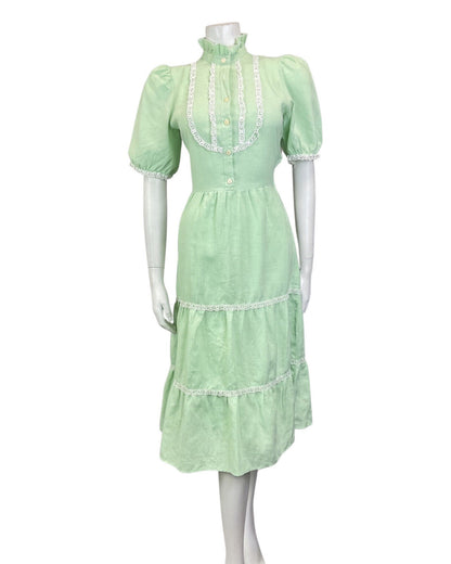 VINTAGE 60s 70s MINT GREEN WHITE LACE RUFFLED BOHO PRAIRIE MIDI DRESS 10