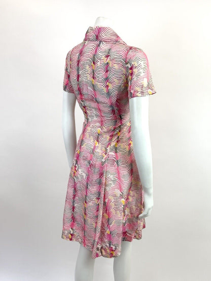 VTG 60s 70s PINK YELLOW WHITE WAVY PSYCHEDELIC WING COLLAR MOD SHIRT DRESS 10 12