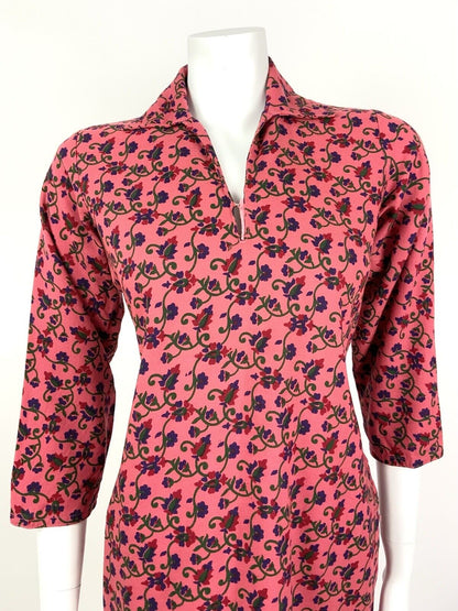 VINTAGE 60s 70s PINK RED BLUE GREEN FLORAL PSYCHEDELIC SWIRL SHIRT DRESS 12 14