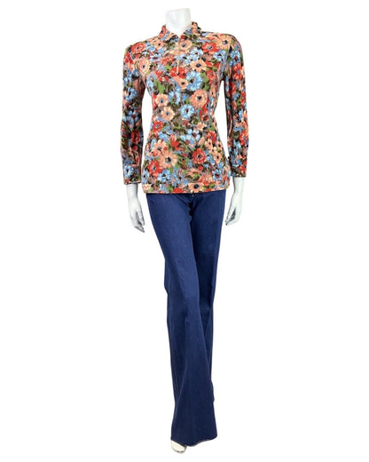 VTG 60s 70s ORANGE BLUE RED FLORAL FLEECE ZIP-UP MOD DAGGER BLOUSE 10 12