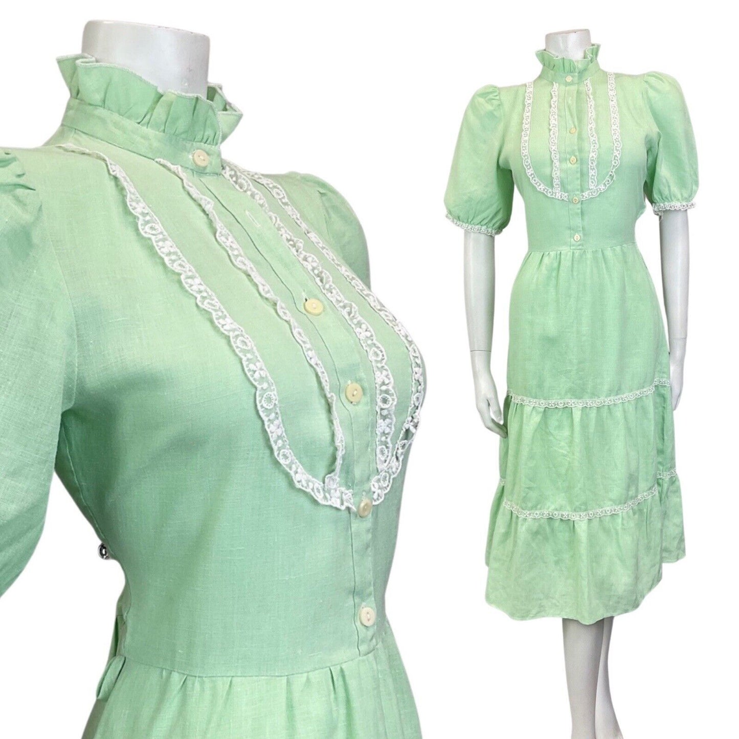 VINTAGE 60s 70s MINT GREEN WHITE LACE RUFFLED BOHO PRAIRIE MIDI DRESS 10