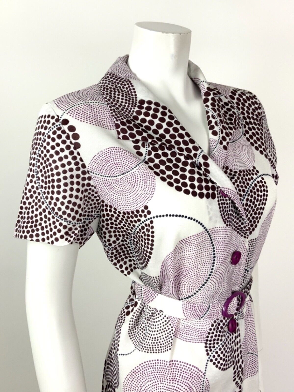VINTAGE 60s 70s WHITE PURPLE BROWN DOTTY GEOMETRIC CIRCLE BELTED SHIRT DRESS 12