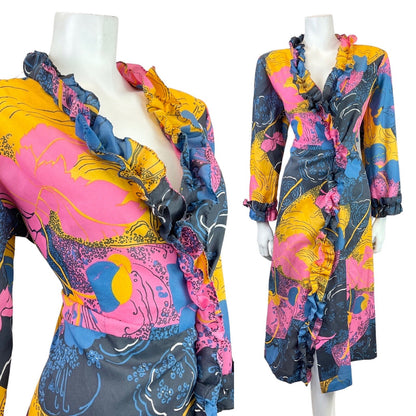VTG 60s 70s BLUE PINK YELLOW PSYCHEDELIC ABSTRACT RUFFLED HOUSE COAT DRESS 14 16
