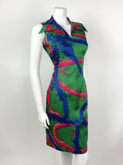 VINTAGE 60s 70s GREEN BLUE RED PINK ABSTRACT PSYCHEDELIC WING COLLAR DRESS 12