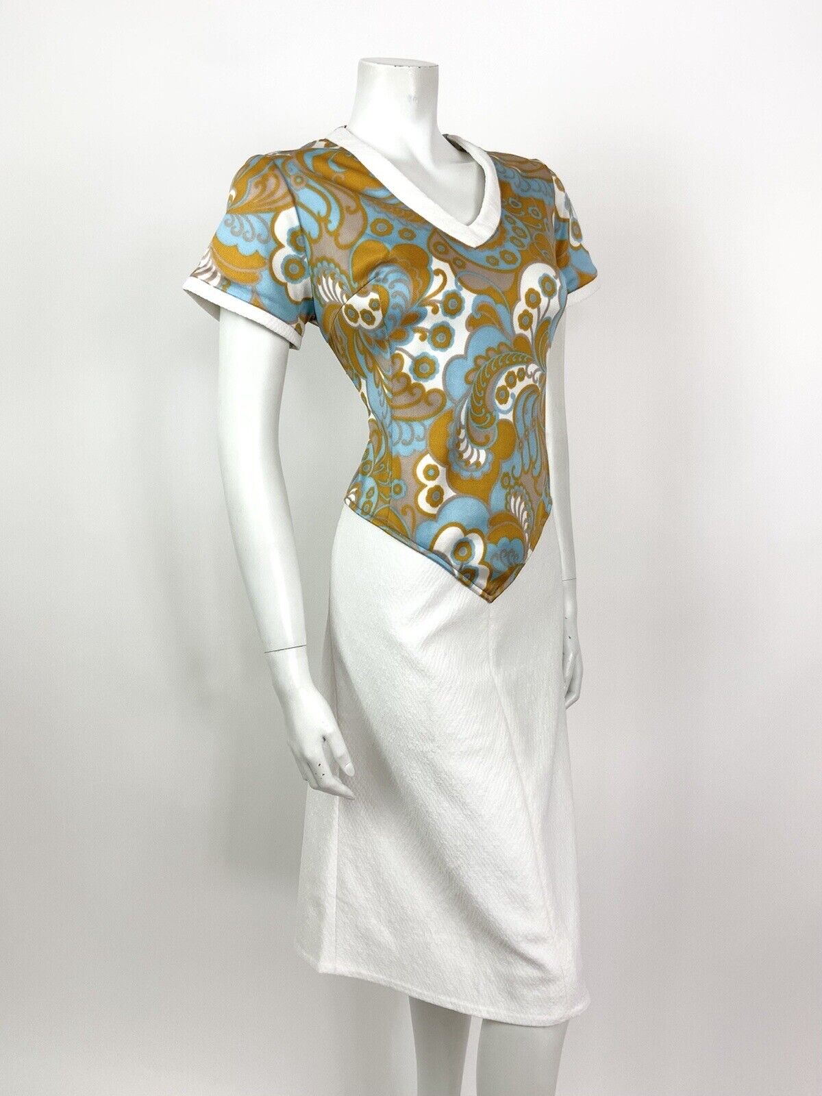 VINTAGE 60s 70s WHITE BLUE GOLD FLORAL PAISLEY PSYCHEDELIC DRESS 14 16