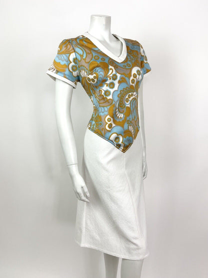 VINTAGE 60s 70s WHITE BLUE GOLD FLORAL PAISLEY PSYCHEDELIC DRESS 14 16