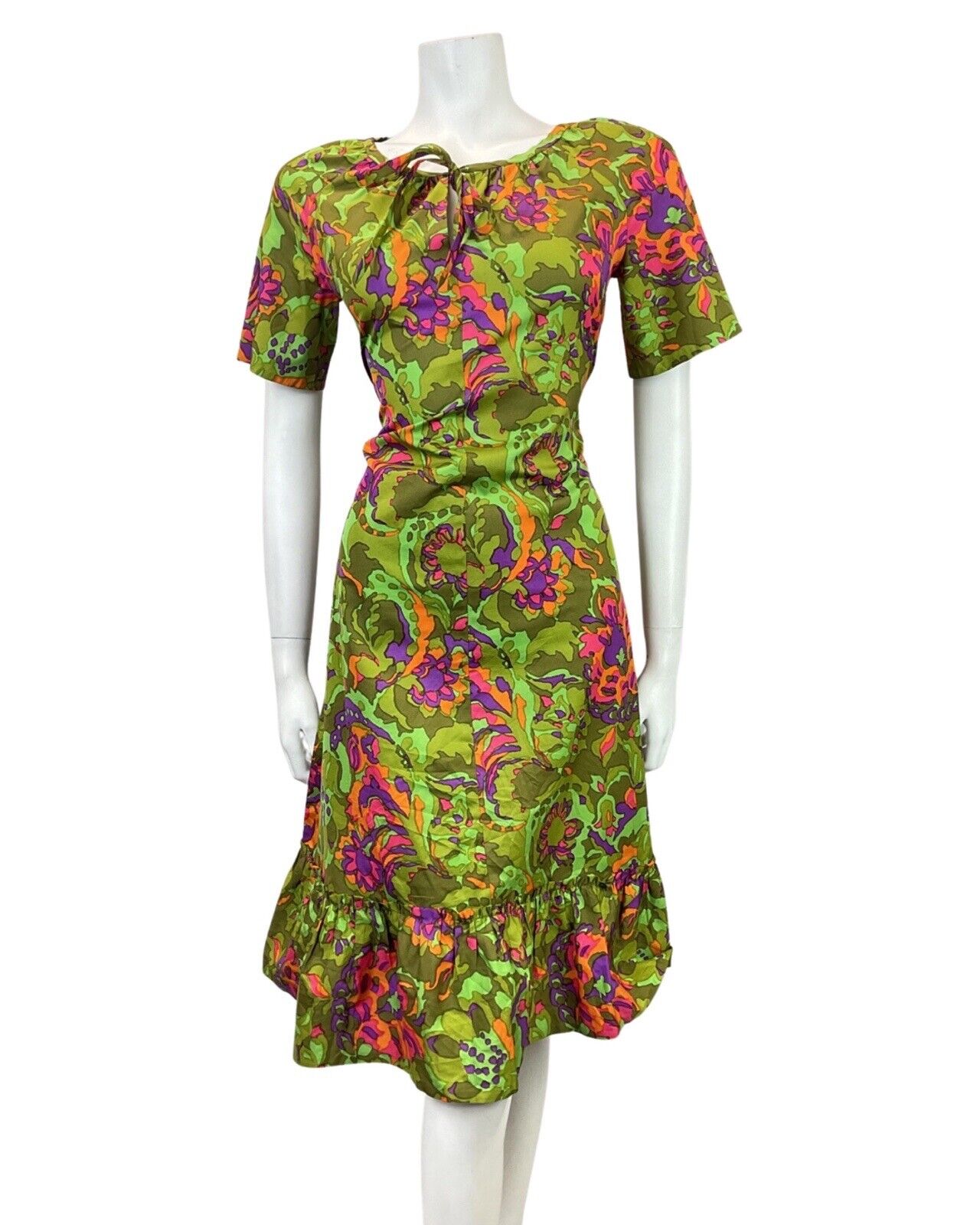 VINTAGE 60s 70s GREEN PURPLE ORANGE PSYCHEDELIC FLORAL SUMMER DRESS 12