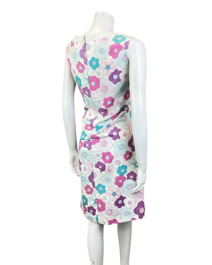 VINTAGE 60s 70s WHITE PINK BLUE DAISY FLOWER MOD SLEEVELESS SHIFT DRESS 12 14