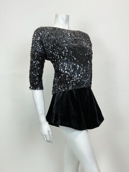 VINTAGE 70s BLACK SEQUIN BEADED DISCO PARTY GLAM CROPPED BLOUSE TOP 12