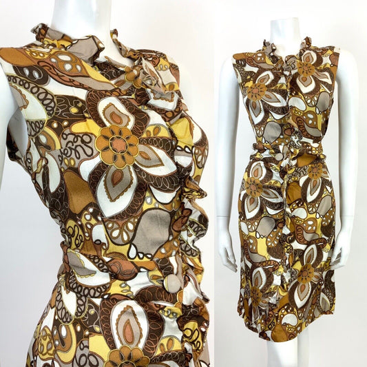 VINTAGE 60s 70s BROWN CREAM YELLOW WHITE PSYCHEDELIC FLORAL RUFFLE DRESS 12
