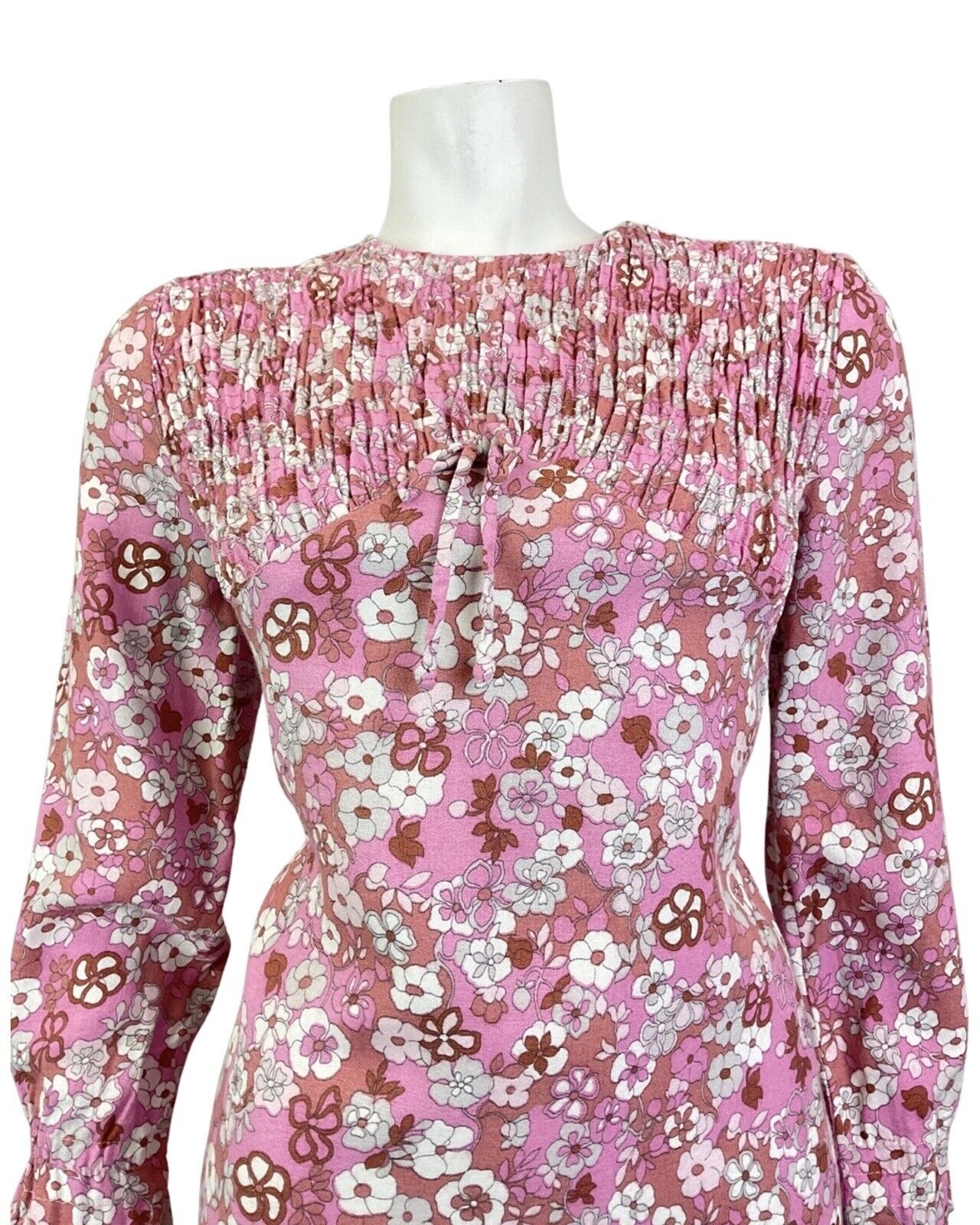 VINTAGE 60s 70s PINK WHITE PURPLE DAISY FLOWER SHIRRED MOD SUMMER DRESS 10 12