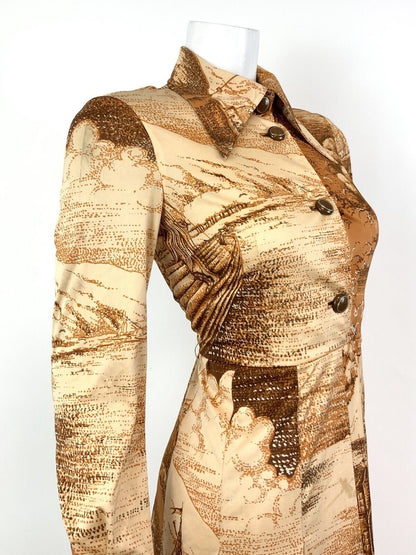 VINTAGE 60s 70s ORANGE BROWN CREAM PASTORAL FARM BOHO DAGGER SHIRT DRESS 8 10