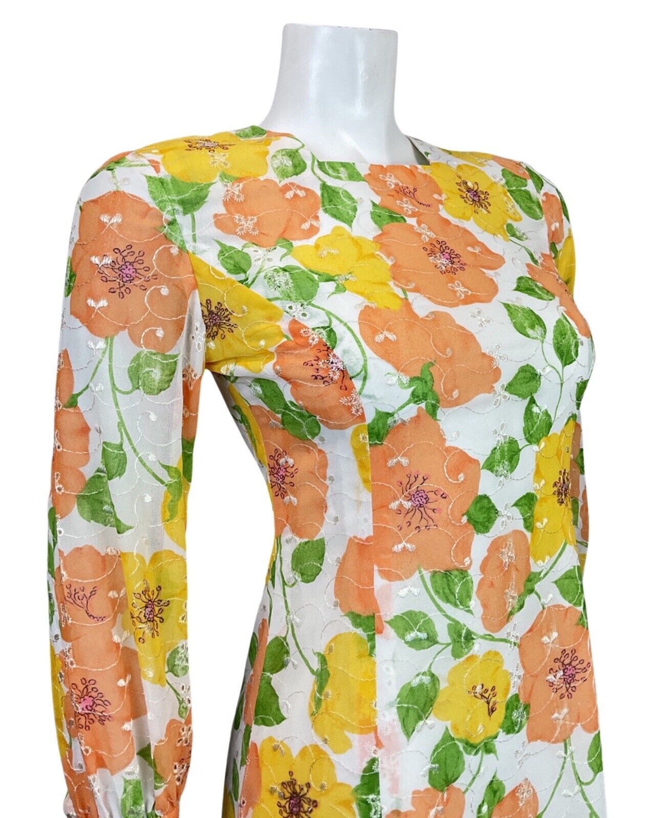 VINTAGE 60s 70s WHITE YELLOW ORANGE GREEN EMBROIDERED FLORAL LEAFY MOD DRESS 8
