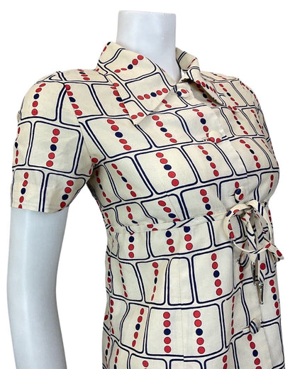 VINTAGE 60s 70s CREAM BLUE RED GEOMETRIC DOTTY DAGGER COLLAR MOD SHIRT DRESS 12