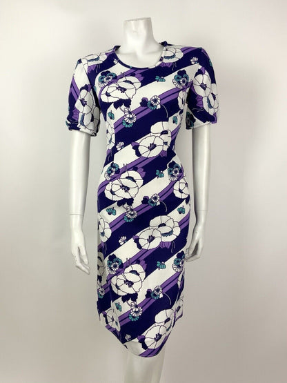 VINTAGE 60s 70s PURPLE WHITE TURQUOISE STRIPED FLORAL MOD DRESS 14 16