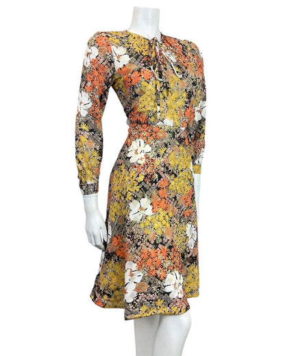VINTAGE 60s 70s ORANGE YELLOW BLACK PSYCHEDELIC FLORAL SWING DRESS 10