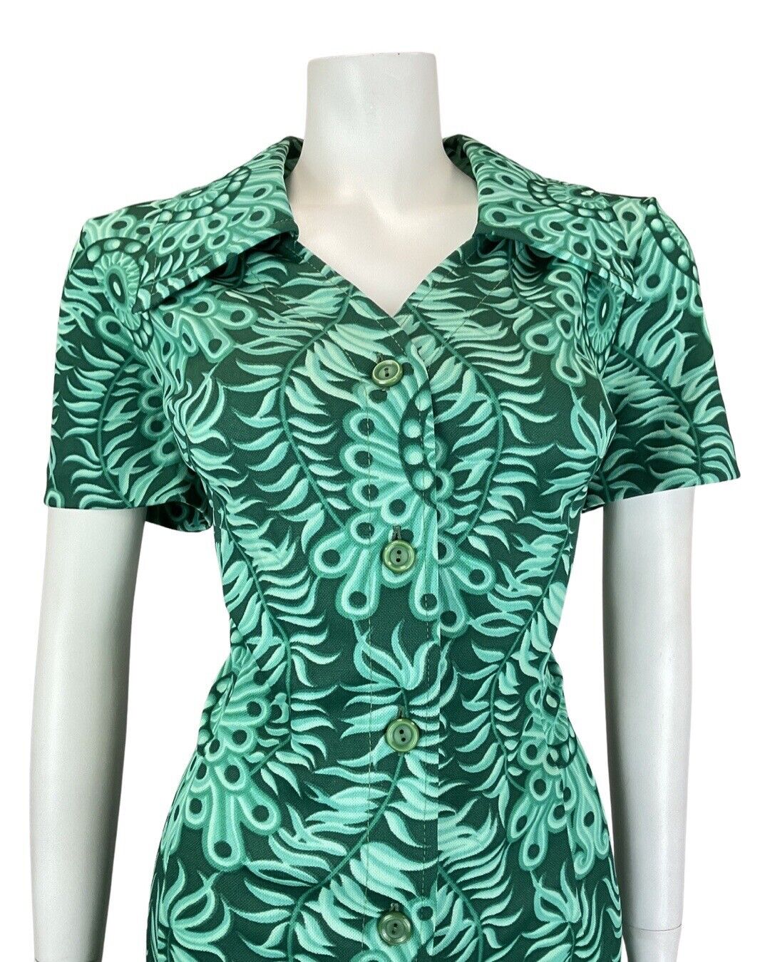 VINTAGE 60s 70s EMERALD GREEN PSYCHEDELIC MANDALA FLORAL DAGGER SHIRT DRESS 16