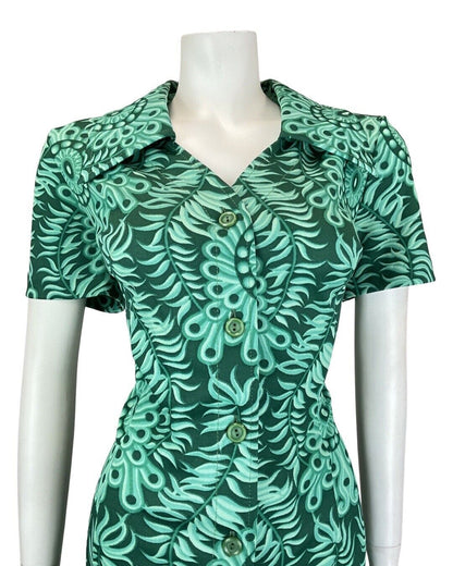 VINTAGE 60s 70s EMERALD GREEN PSYCHEDELIC MANDALA FLORAL DAGGER SHIRT DRESS 16