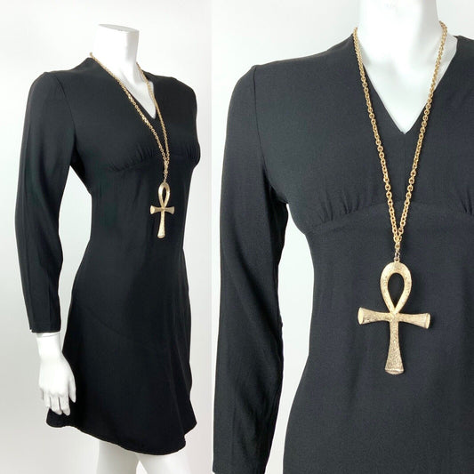 VINTAGE 60s 70s JET BLACK EMPIRE LINE MOD SWING DRESS 10 12