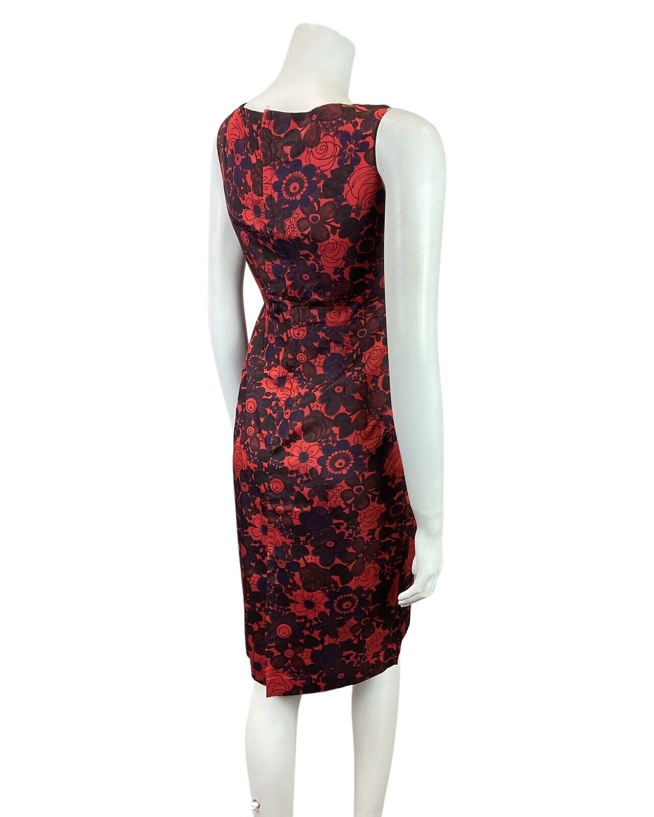 VINTAGE 60s RED PURPLE BROWN FLORAL SLEEVELESS WIGGLE PENCIL DRESS 6