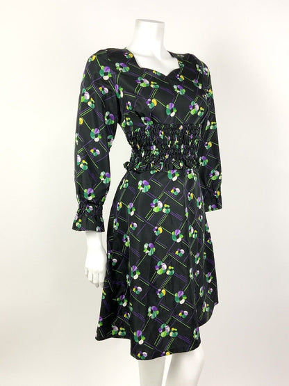 VINTAGE 60s 70s BLACK PURPLE GREEN CHECKED FLORAL SHIRRED SWEETHEART DRESS 10