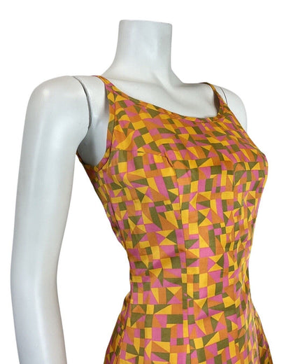 VINTAGE 60s 70s ORANGE PINK GREEN GEOMETRIC STRAPPY SWING SUN-DRESS 8