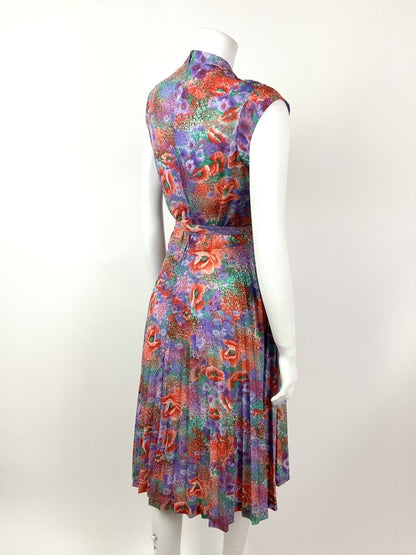 VINTAGE 60s 70s PURPLE RED GREEN FLORAL DITSY PLEATED BELTED DRESS 12 14