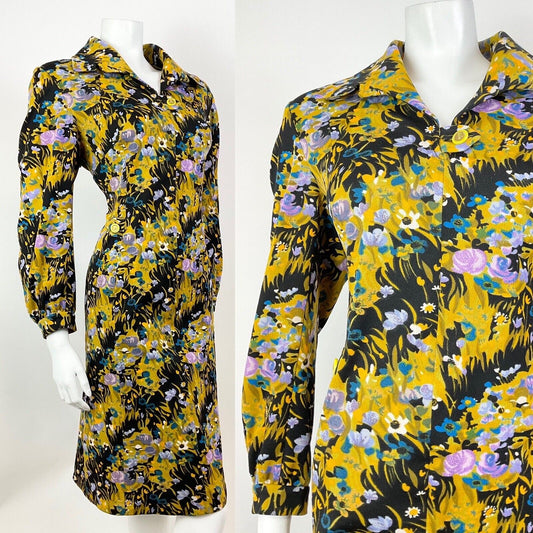 VINTAGE 60s 70s YELLOW BLUE GREEN BLACK PSYCHEDELIC FLORAL SHIRT DRESS 16 18