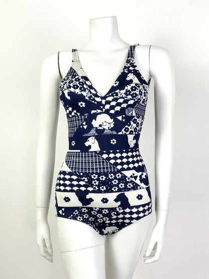 VINTAGE 60s 70s BLUE WHITE FLORAL DOG SCALES MOD PATCHWORK SWIM BODY SUIT 8 10
