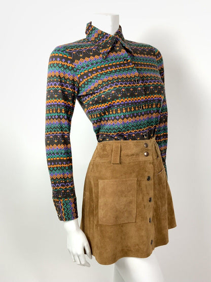 VINTAGE 60s 70s BROWN PURPLE ORANGE GREEN GEOMETRIC AZTEC DAGGER SHIRT 10 12