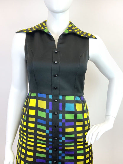 VINTAGE 60s 70s BLACK GREEN BLUE YELLOW GRID GEOMETRIC DAGGER SHIRT DRESS 14 16