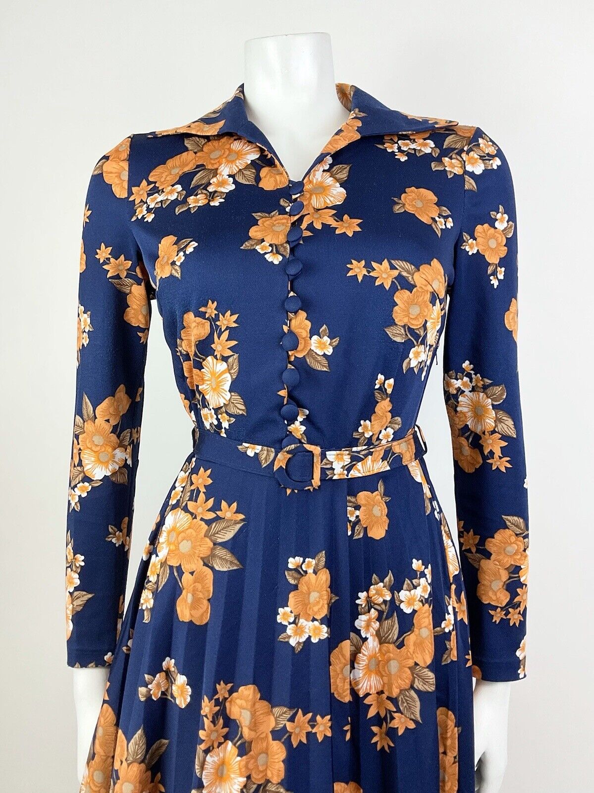 VTG 60s 70s BLUE ORANGE BROWN WHITE FLORAL PLEATED WING COLLAR SHIRT DRESS 12