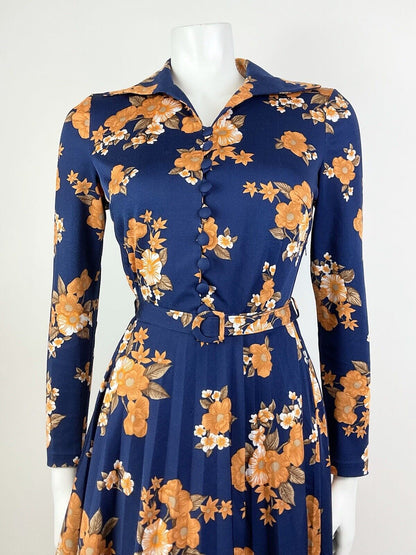 VTG 60s 70s BLUE ORANGE BROWN WHITE FLORAL PLEATED WING COLLAR SHIRT DRESS 12