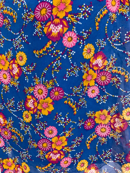 VINTAGE 60s 70s BRIGHT BLUE YELLOW PINK FLORAL DOTTY SHEER DRESS 12