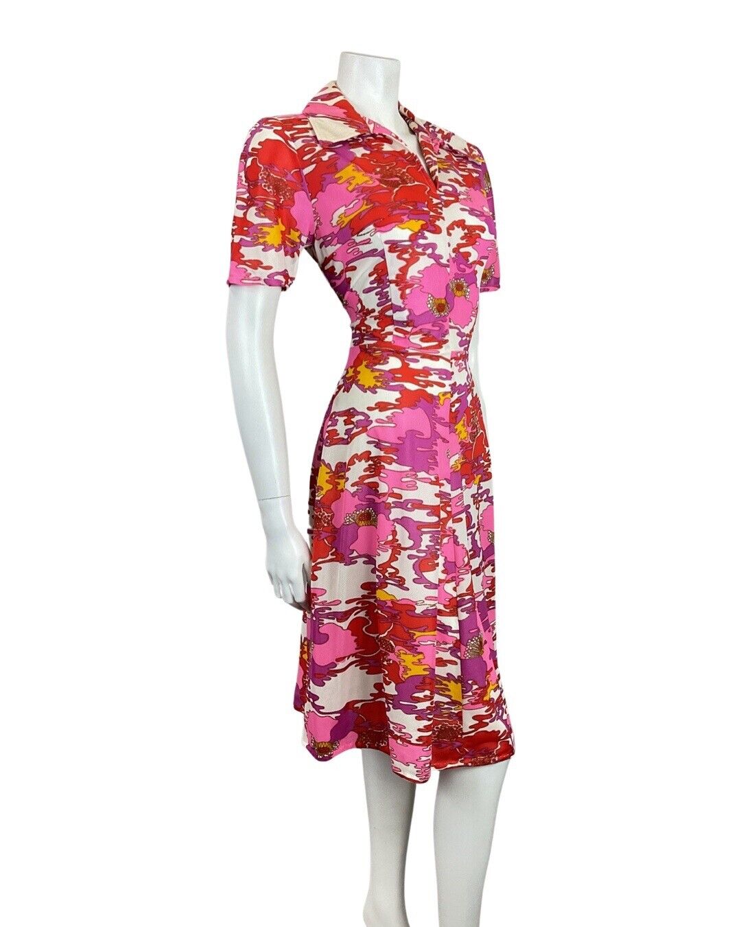 VINTAGE 60s 70s PINK RED PURPLE PSYCHEDELIC FLORAL MOD DAGGER SHIRT DRESS 10 12