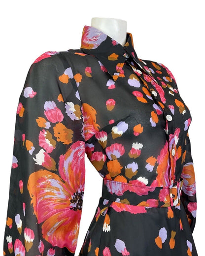 VINTAGE 60s 70s BLACK PINK LILAC FLORAL DAGGER COLLAR SWING SHIRT DRESS 8 10