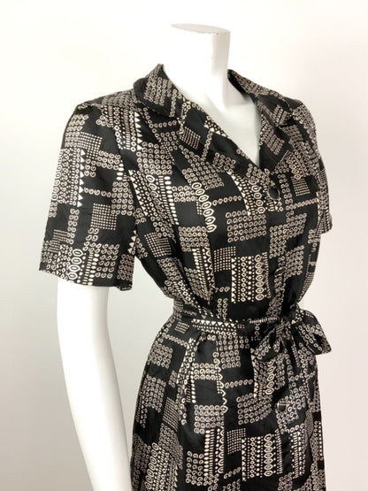 VINTAGE 60s 70s BLACK WHITE GEOMETRIC SWIRL DOTTY BELTED SHIRT DRESS 14 16