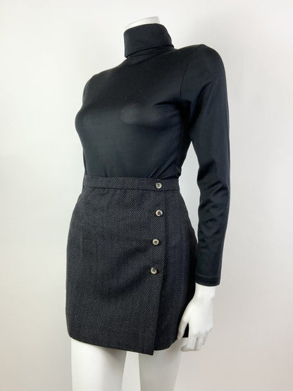 VINTAGE 60s 70s CHARCOAL GREY ZIG-ZAG MOD PREPPY WORKING GIRL WRAP SHORT SKIRT 8