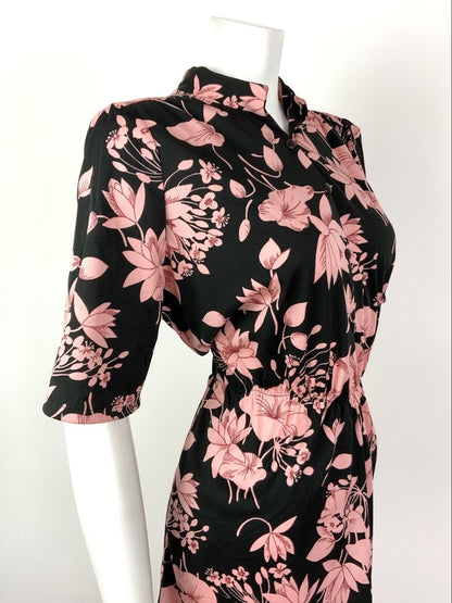VTG 60s 70s BLACK BABY PINK RED FLORAL MANDARIN COLLAR BLOUSON SHIRT DRESS 12 14
